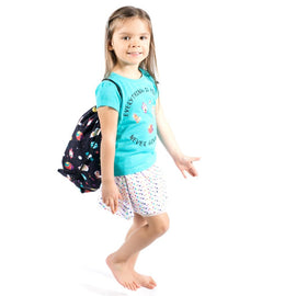 Girl wearing drawstring bag space pattern
