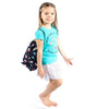 Girl wearing drawstring bag space pattern